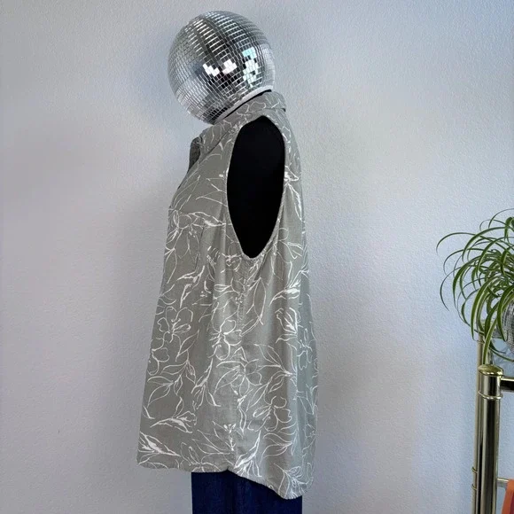 ecothreads Womens Sleeveless Button Up Shirt Green Floral Linen Blend Size L - Picture 13 of 16